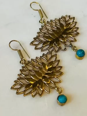 Brass Lotus Earring with Turquoise Drop
