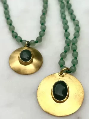 Large Jade Talis 22K Gold plated Disk Long Necklace