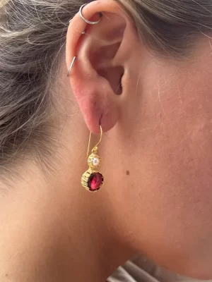 Garnet and Pearl Filigree Drop Gold Plated Earring