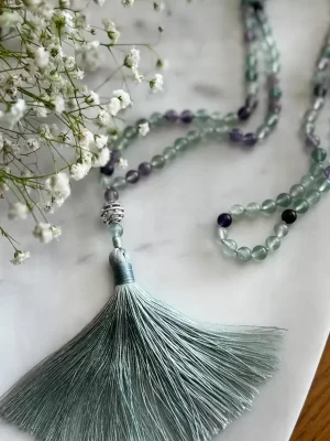 Aquamarine and Amethyst Mala 108 Bead Necklace