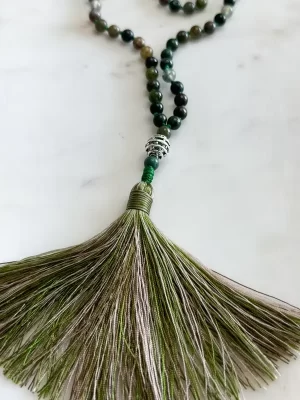 Dark Green Agate and Emerald Mala Necklace