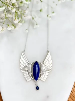 Sterling Silver, White Shell & Lapis Lazuli Gemstone Colibri (Hummingbird) Neck