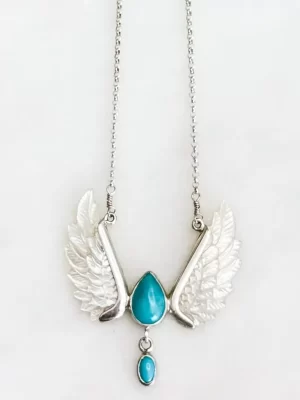 Silver, White Mother of Pearl & Turquoise Swan Wing Teardrop Necklace