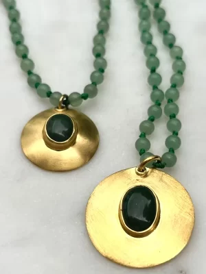 Small Jade Talis 22K Gold plated Disk Long Necklace