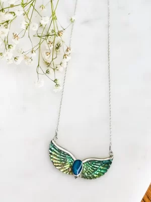 Silver, Abalone Shell & Indigo Opal Gemstone Angel Wing Necklace