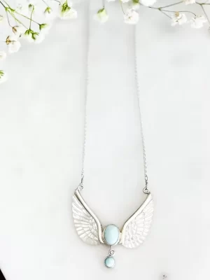 Sterling Silver & Larimar Gemstone Angel Wings Necklace