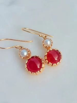 Carnelian and Pearl Filigree Drop Gold Plated Earring