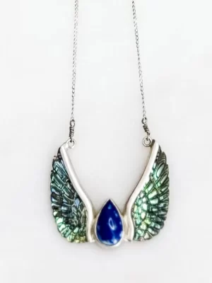 Medium Silver, Abalone & Lapis Lazuli Gemstone Teardrop Wing Necklace
