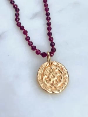 Garnet crystal and 22K Gold plated mandala necklace