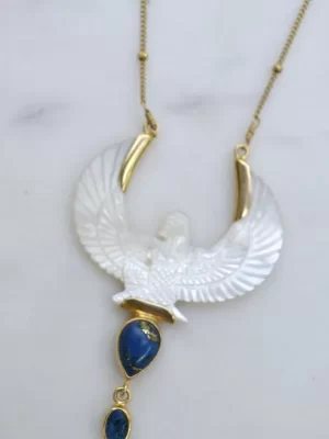 Goddess Isis Mother of Pearl and Lapis Lazuli Gold Necklace
