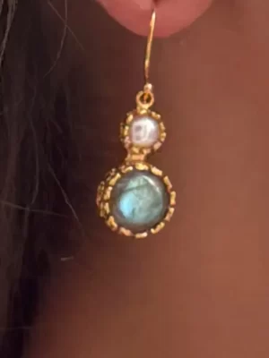 Labradorite and Pearl Filigree Drop Gold Plated Earring